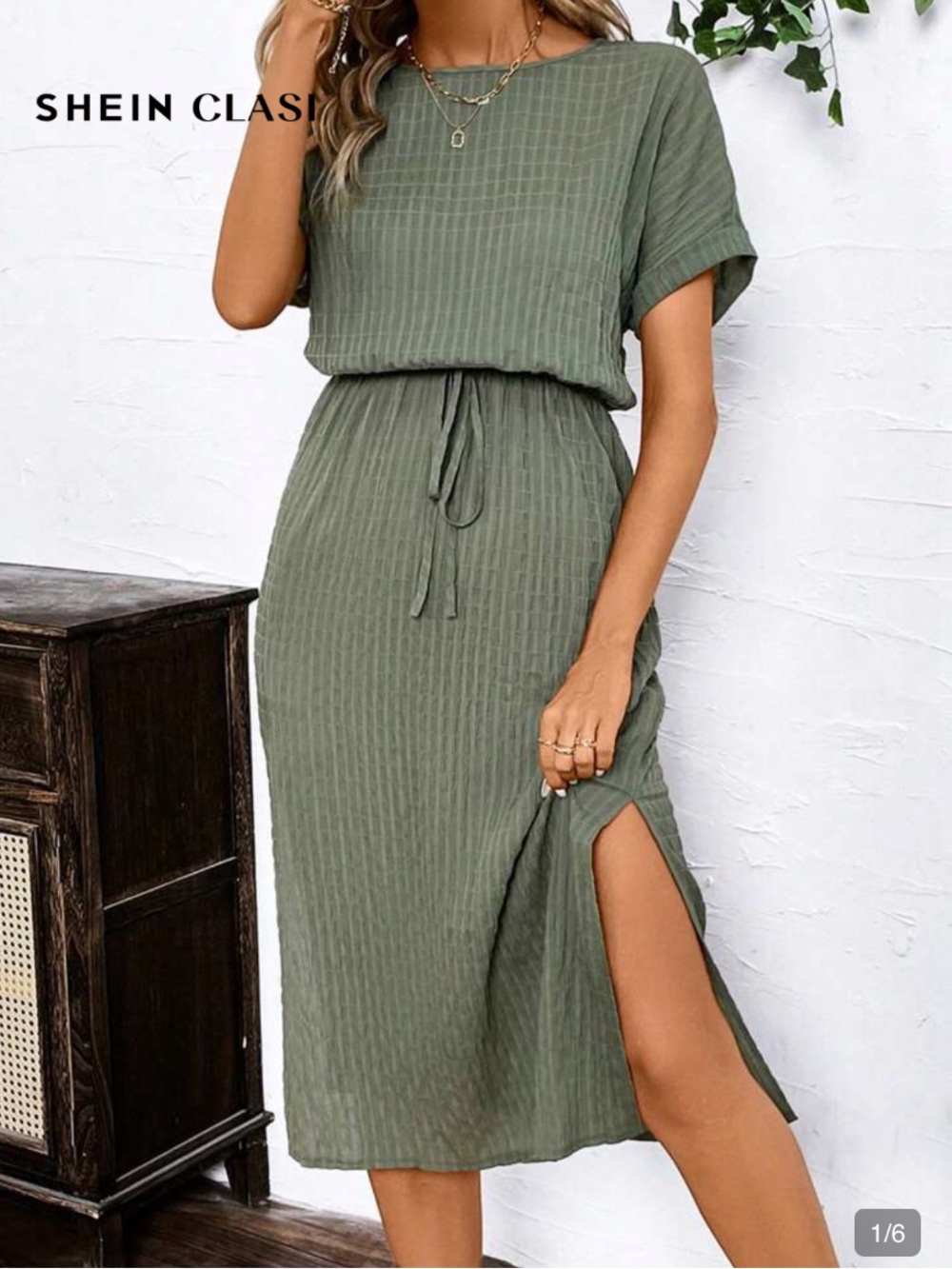 SHEIN Textured Elastic Waist Midi Dress Size Large Short Sleeve Sage Olive